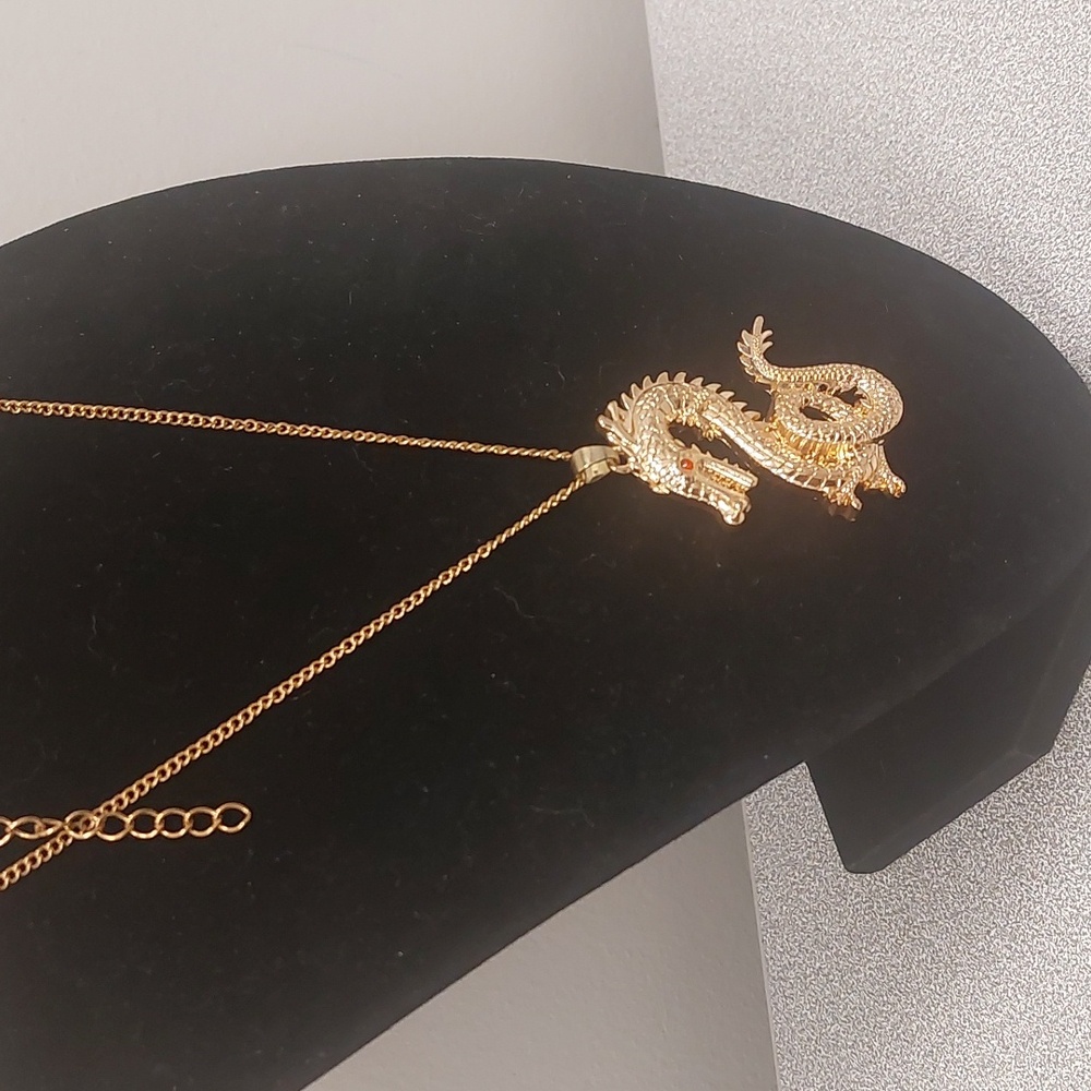Gold Toned Red Eye Dragon Fashion Costume Long Necklace - Picture 2 of 16